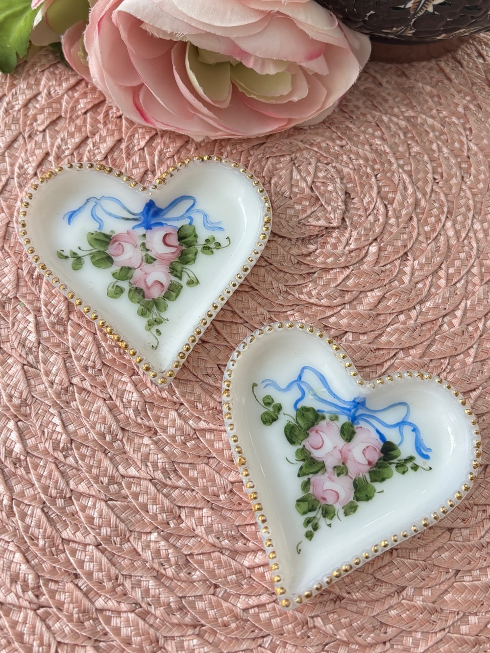 Vintage Milk Glass Hand Painted Flowers Heart Shaped Trinket Dish (set of 2)